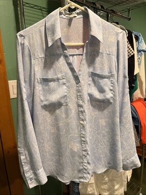 Express Light Blue Floral-Print Button Shirt